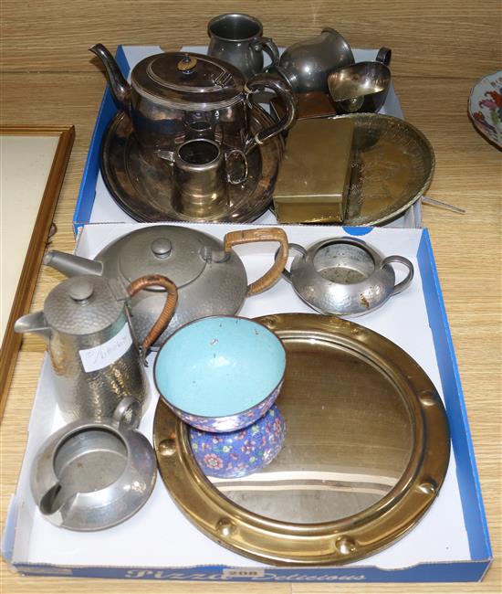 Sundry metalware and an enamel bowl